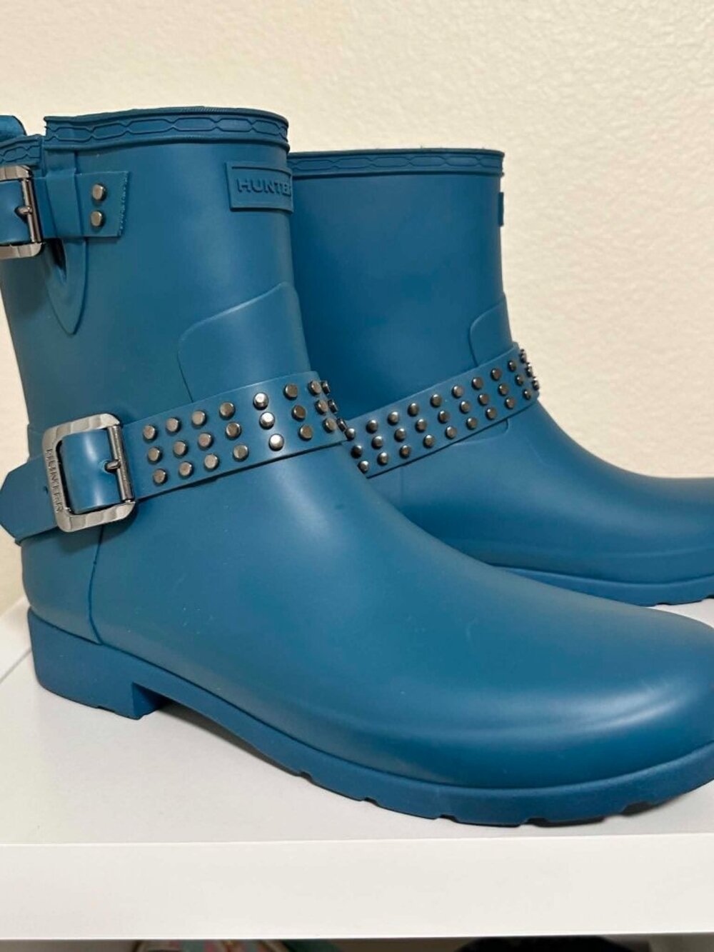 Hunter Short Studded Moto Rain Boots - Blue - Women's Size 9